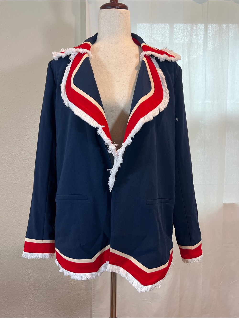 English Factory Navy Blazer with Red & White Fringe Trim. Size S. NWOT